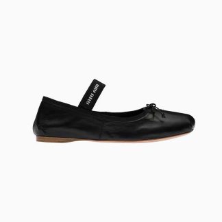 Miu Miu Women Leather Ballerinas with Fabric Logo Label-Black