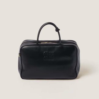 Miu Miu Women Leather Top-handle Bag with Embossed Lettering Logo-Black
