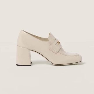 Miu Miu Women Patent Leather Loafers with Embossed Logo on the Tongue-White