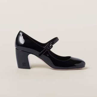 Miu Miu Women Patent Leather Pumps with Metal Lettering Logo-Black