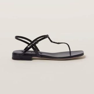 Miu Miu Women Patent Thong Sandals with Metal Lettering Logo-Black