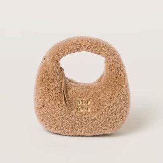 Miu Miu Women Wander Shearling Hobo Bag with Leather Details-Sandy