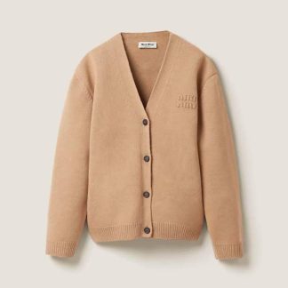 Miu Miu Women Wool and Nylon Knit Cardigan-Beige