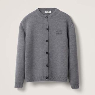 Miu Miu Women Wool and Nylon Knit Cardigan-Silver