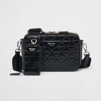 Prada Men Brique Brushed Leather Bag with Triangle Motif-Black