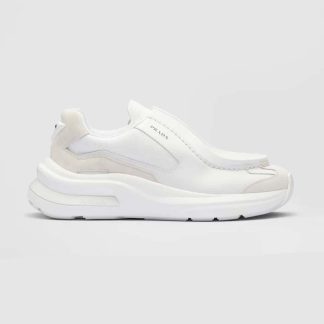 Prada Men Brushed Leather Sneakers with Bike Fabric and Suede Elements-White