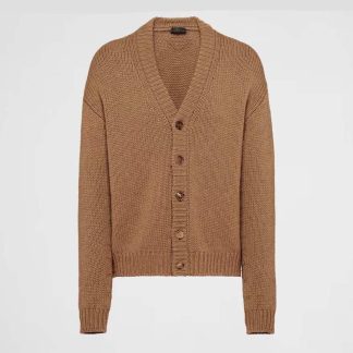 Prada Men Camel Hair Cardigan with Knit Triangle Logo