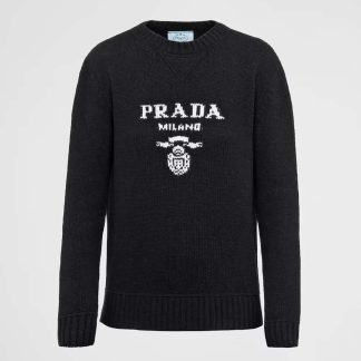 Prada Men Cashmere and Wool Prada Logo Crew-neck Sweater-Black
