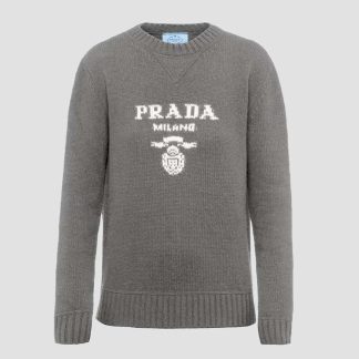 Prada Men Cashmere and Wool Prada Logo Crew-neck Sweater-Silver