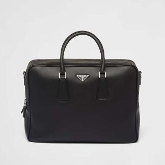 Prada Men Leather Briefcase with Enameled Metal Triangle Logo-2VE025