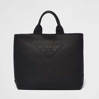 Prada Men Leather Tote with Enameled Metal Triangle Logo-Black