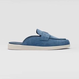 Prada Men Suede Sabots with the Enameled Metal Triangle Logo