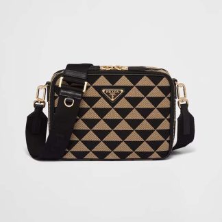 Prada Men Symbole Embroidered Fabric Bag-BeigeBlack