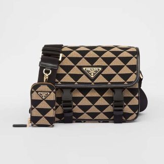 Prada Men Symbole Embroidered Fabric Bag-BlackBeige