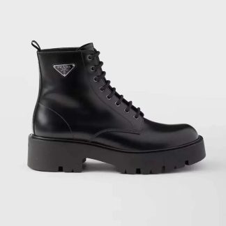 Prada Unisex Brushed Leather Combat Boots-Black 2TG242