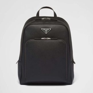 Prada Unisex Saffiano Leather Backpack with Triangle Logo-Black