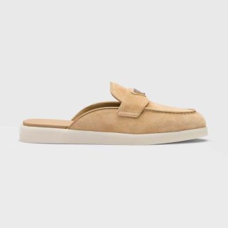 Prada Unisex Suede Leather Sabots with Enameled Metal Triangle Logo-Brown