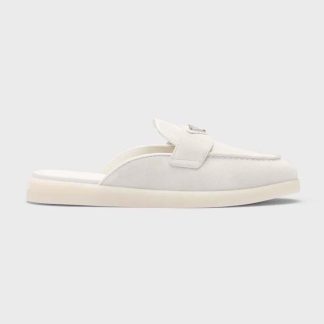Prada Unisex Suede Leather Sabots with Enameled Metal Triangle Logo-White