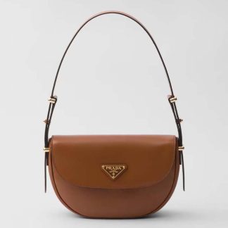 Prada Women Arqué Leather Shoulder Bag with Flap-Brown F0XUG