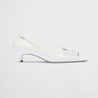 Prada Women Brushed Leather Pumps with Floral Appliqués-White