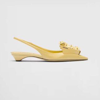 Prada Women Brushed Leather Slingback Pumps with Floral Appliques-Yellow