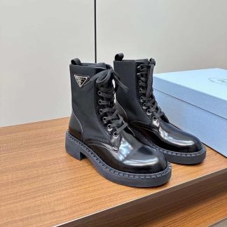 Prada Women Brushed-Leather and Re-Nylon Boots-Black