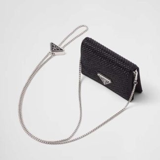 Prada Women Cardholder with Shoulder Strap and Crystals-Black