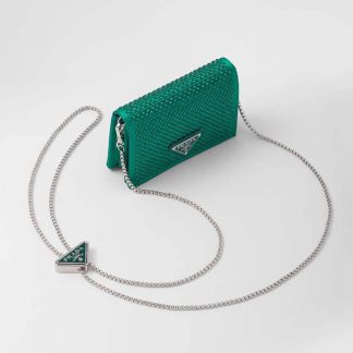 Prada Women Cardholder with Shoulder Strap and Crystals-Green