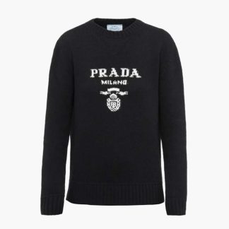 Prada Women Cashmere and Wool Prada Logo Crew-neck Sweater-Black
