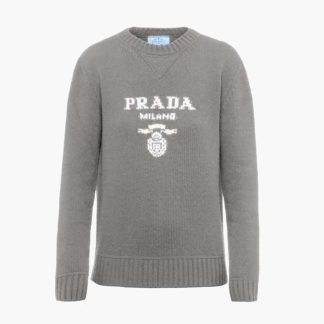 Prada Women Cashmere and Wool Prada Logo Crew-neck Sweater-Silver