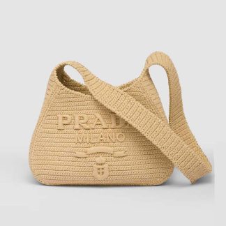 Prada Women Crochet Tote Bag with Embroidered Lettering Logo-Natural