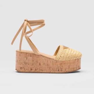 Prada Women Crochet Wedge Sandals with Enameled Metal Triangle Logo-Beige