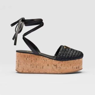 Prada Women Crochet Wedge Sandals with Enameled Metal Triangle Logo-Black