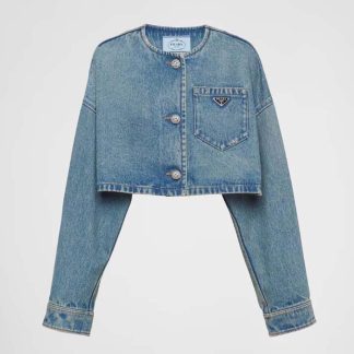 Prada Women Denim Blouson Jacket with Triangle Logo