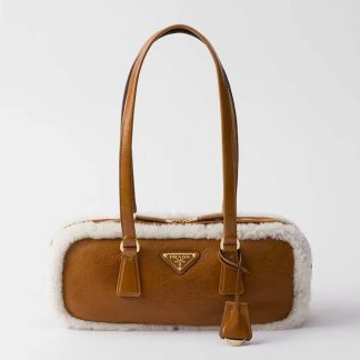 Prada Women Medium Shearling Two-handle Bag-Brown 1BB124