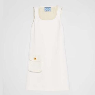 Prada Women Natté Minidress With Leather Logo Label-White