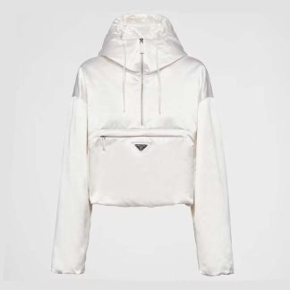 Prada Women Padded Duchesse Jacket with Enameled Metal Triangle Logo-White