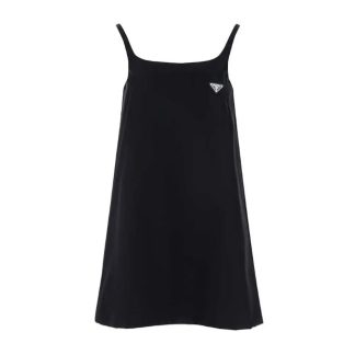 Prada Women Re-Nylon Mini-dress with Metal Triangle Logo-Black