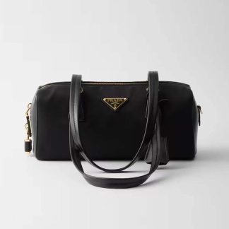 Prada Women Re-Nylon and Leather Medium Top-handle Bag with Padlock-Black