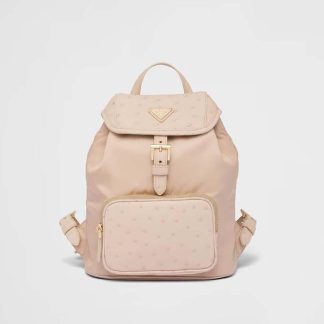 Prada Women Re-Nylon and Ostrich Leather Backpack-Pink
