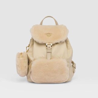 Prada Women Re-Nylon and Shearling Backpack-Beige