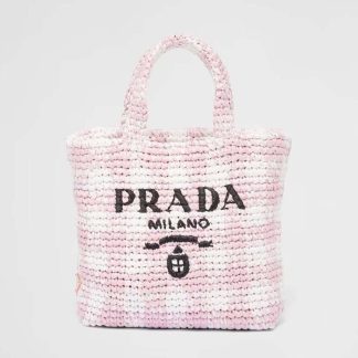Prada Women Small Crochet Tote Bag with Embroidered Lettering Logo-Pink