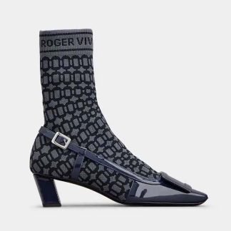 Roger Vivier Women Belle Vivier Sock Lacquered Buckle Ankle Boots in Patent Leather-Blue