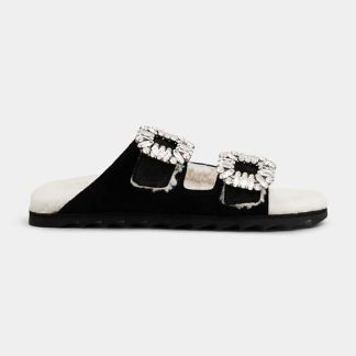 Roger Vivier Women Slidy Viv' Fur Strass Buckle Mules in Suede-Black
