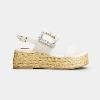 Roger Vivier Women Strass Buckle Raffia Wedge Sandals in Leather RVW73438780BSSC019