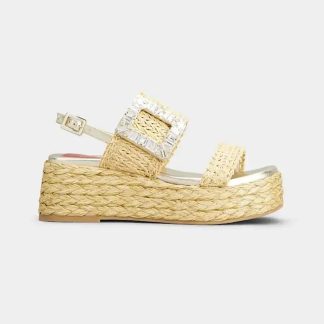 Roger Vivier Women Strass Buckle Wedge Sandals in Raffia RVW734386605ZT1T26