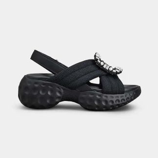 Roger Vivier Women Viv' Run Light Strass Buckle Sandals in Fabric-Black
