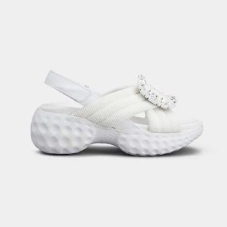 Roger Vivier Women Viv' Run Light Strass Buckle Sandals in Fabric-White