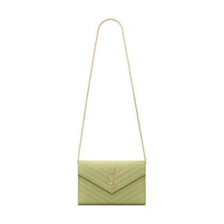Saint Laurent Monogram Chain Wallet Grain De Poudre Embossed-Green