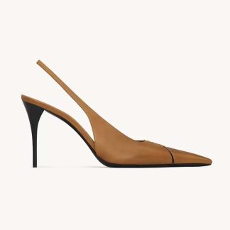 Saint Laurent YSL Women  Babylone Breteuil Slingback Pumps in Smooth Leather-Brown